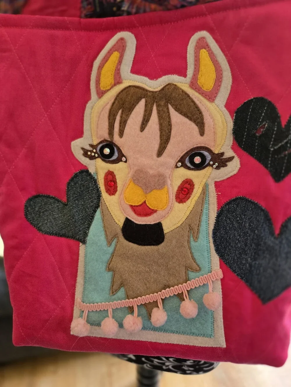 Bright Pink Llama Tote Bag with Heart Appliqués